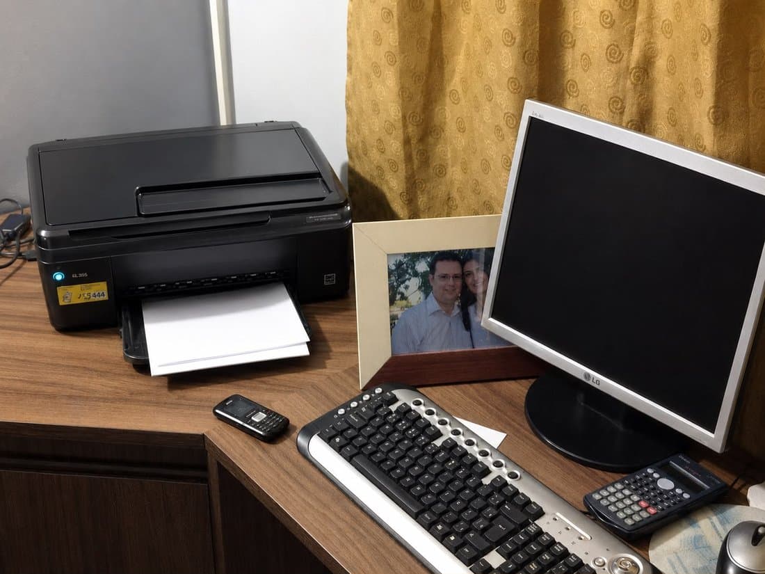 A primeira mesa de trabalho da Avida, com monitor, impressora e um porta-retrato