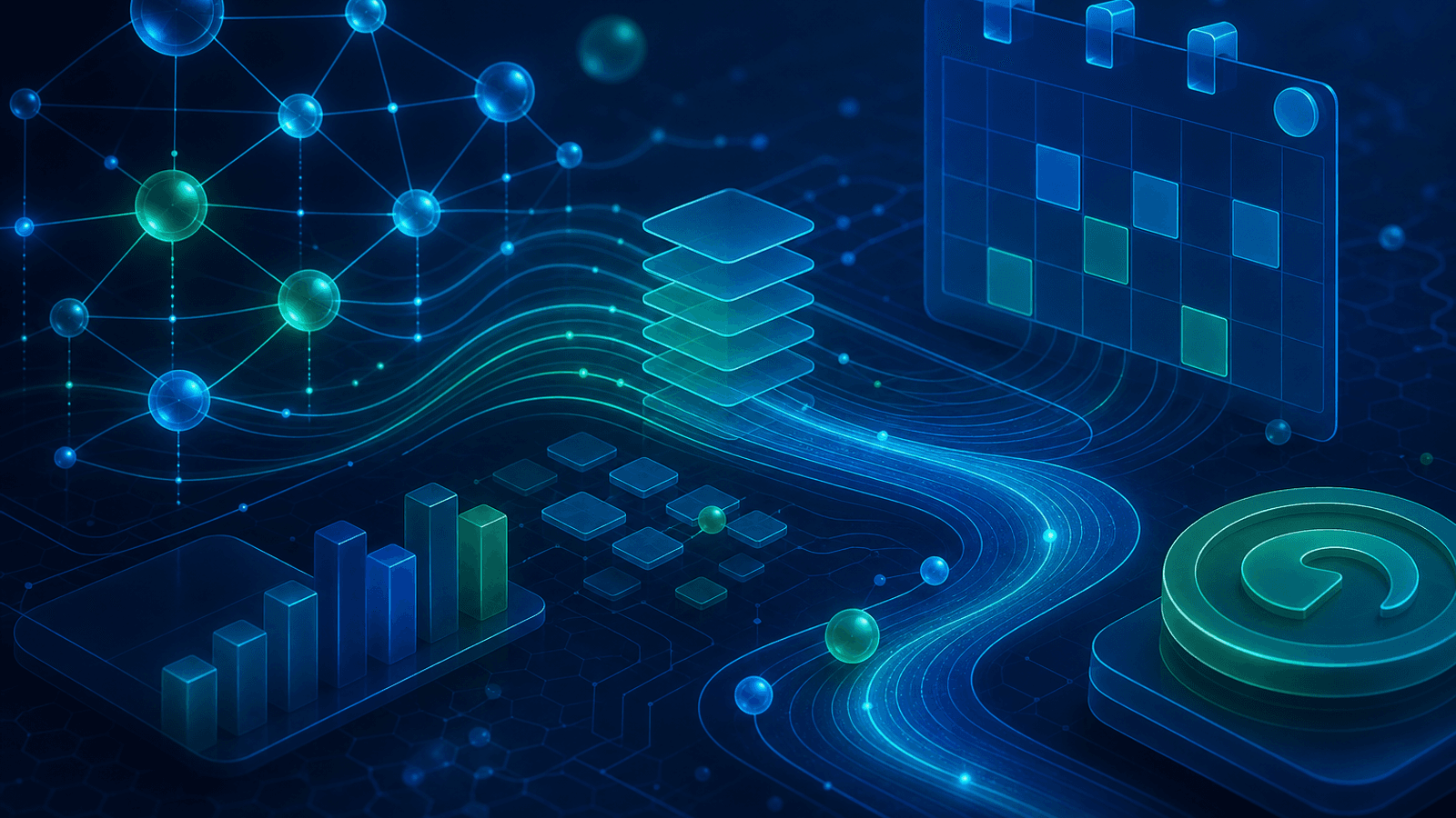 Composição abstrata com fluxos conectados representando automação financeira e cobranças.