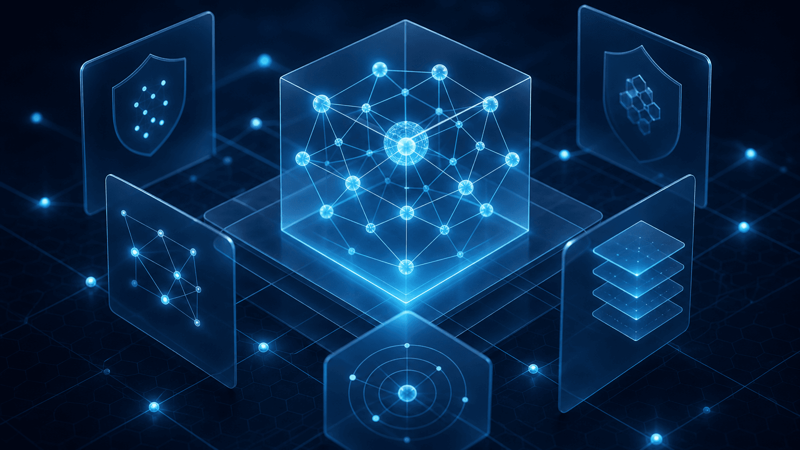Formas abstratas conectadas por linhas, representando controle e automação com IA.