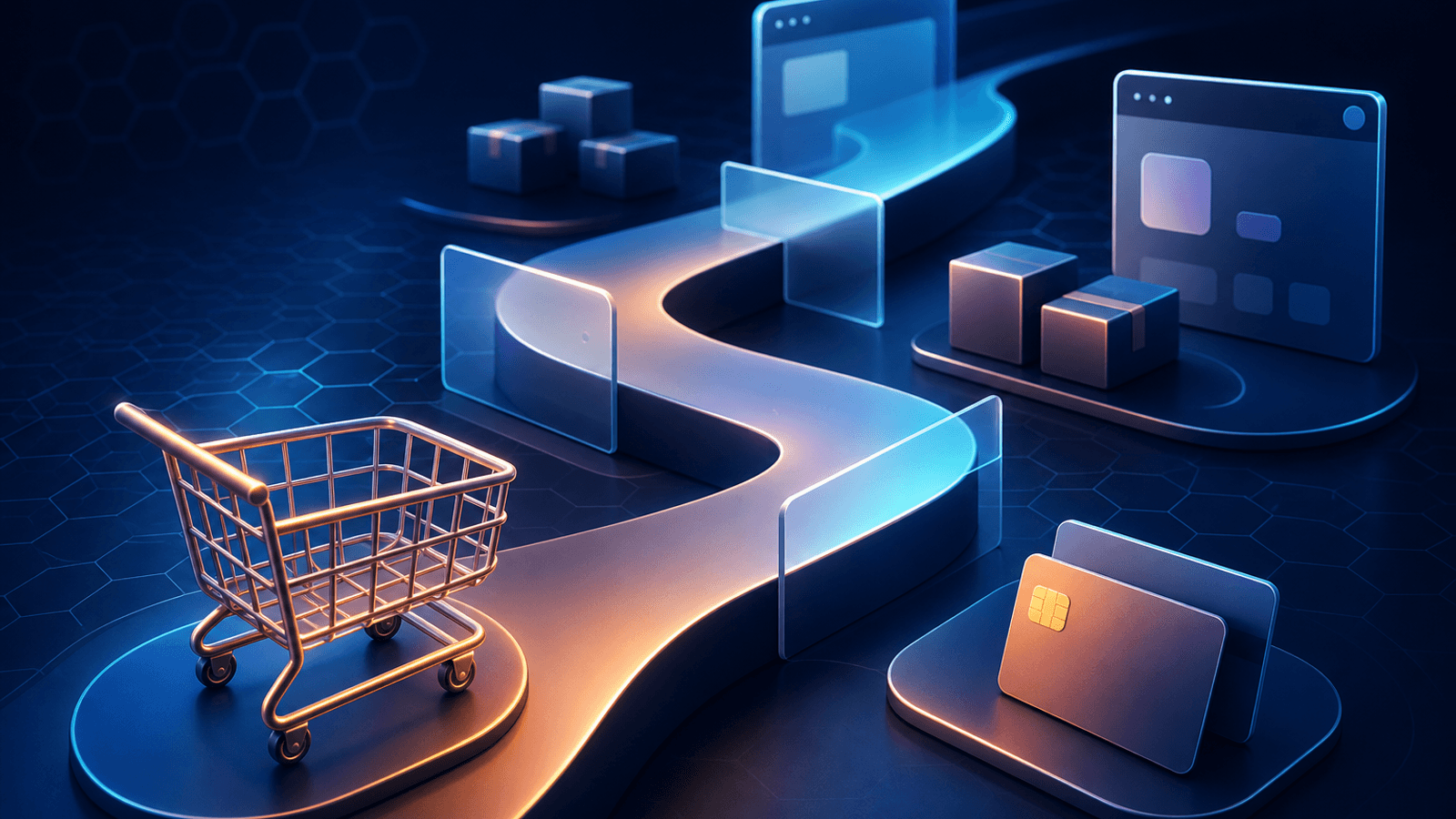 Caminho abstrato de compra online com carrinho e obstáculos digitais.